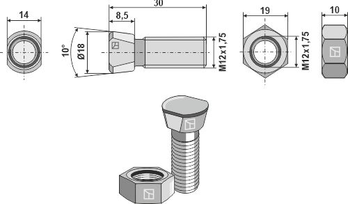 Plovbolt M12x1,75x30 med møtrik (gammel) geeignet für: Rabe Plov bolte