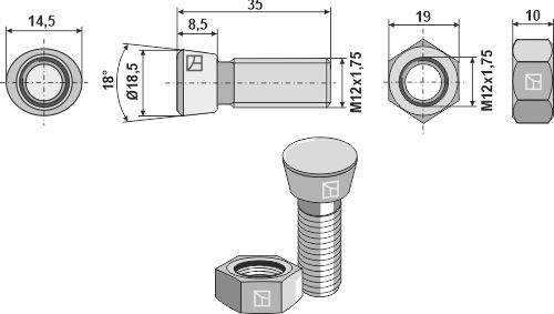 Plovbolt M12x1,75x35 med møtrik (ny) geeignet für: Rabe Plov bolte
