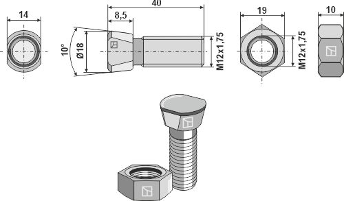 Plovbolt M12x1,75x40 med møtrik geeignet für: Rabe Plov bolte