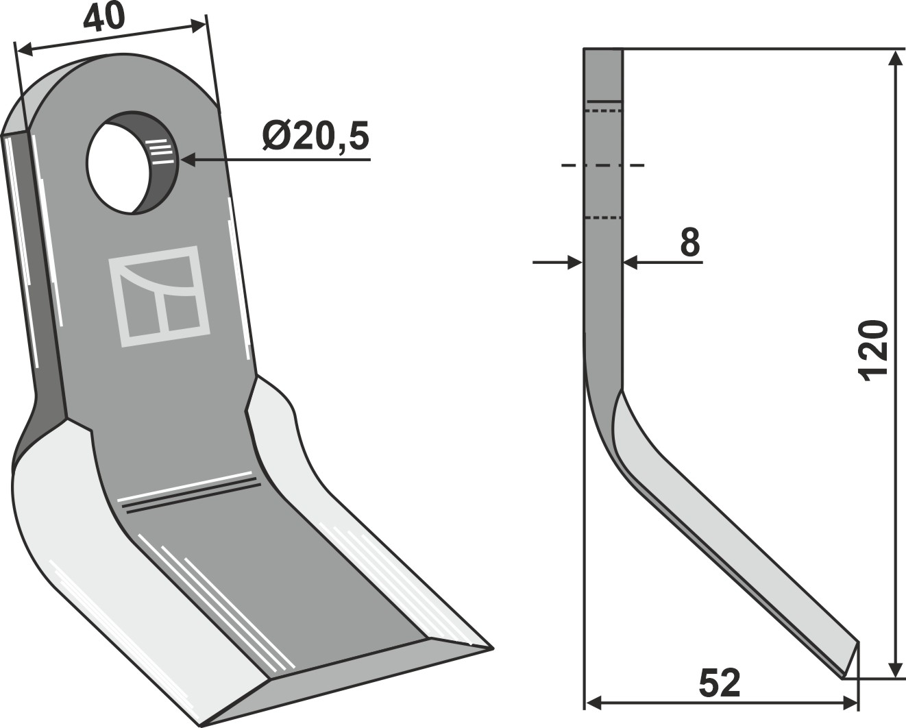 Cuţit Y 120x40mm geeignet für: Muratori Cuţite Y, cuţite dreapte, ciocan tocător, ciocan tocător PTA