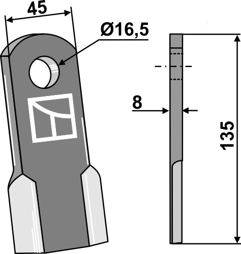 Recht mes 135x45mm geeignet für: Maschio / Gaspardo Y-messen, klepels, hamerklepels, hamerklepels PTA