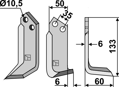 Fræserkniv 133x50mm, højre geeignet für: Breviglieri / Breviagri fræserkniv og rotortænder