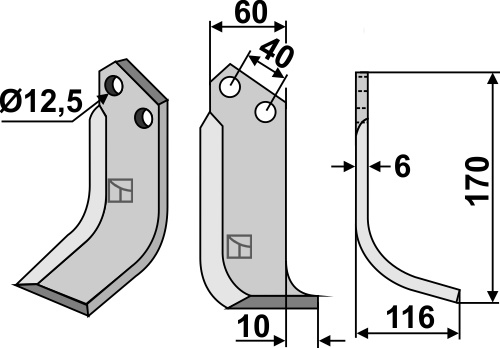 Blade 170x60mm, right geeignet für: Maschio / Gaspardo blade and rotary tine