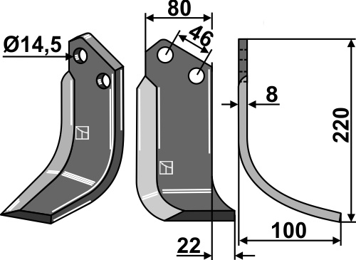 Fræserkniv 220x80mm, højre geeignet für: Breviglieri / Breviagri fræserkniv og rotortænder