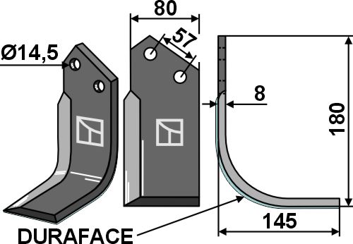 Fræserkniv 180x80mm, højre - DURAFACE geeignet für: Breviglieri / Breviagri fræserkniv og rotortænder