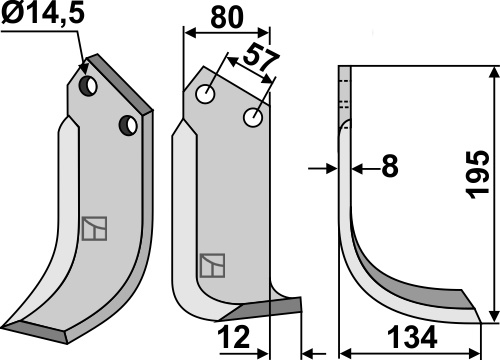 Fræserkniv 195x80mm, højre geeignet für: Breviglieri / Breviagri fræserkniv og rotortænder