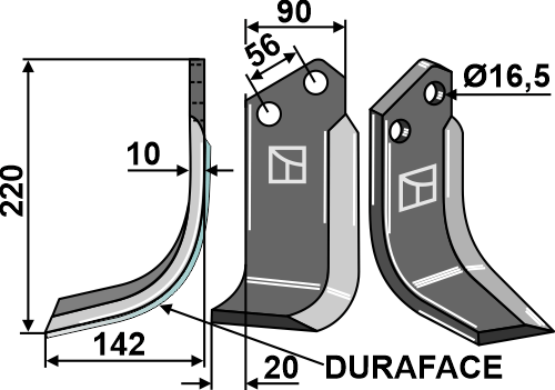 Blade DURAFACE 220x90mm, left geeignet für: Maschio / Gaspardo blade and rotary tine
