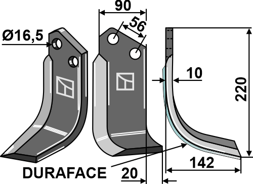 Blade DURAFACE 220x90mm, right geeignet für: Maschio / Gaspardo blade and rotary tine