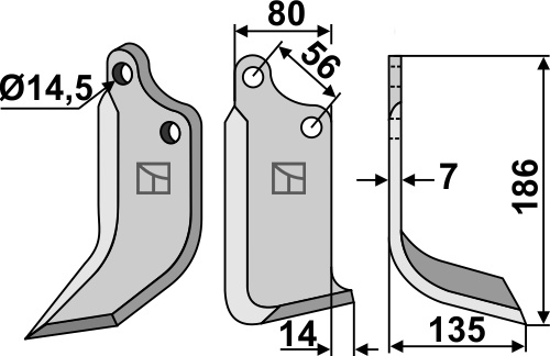 Blade 186x80mm, right geeignet für: Maschio / Gaspardo blade and rotary tine