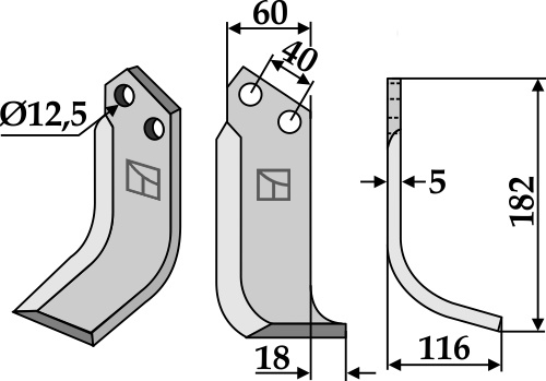 Blade 182x60mm, right geeignet für: Maschio / Gaspardo blade and rotary tine