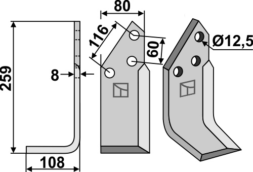 Blade 259x80mm, left geeignet für: Pegoraro blade and rotary tine
