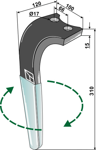 Diente de grada rotativa (DURAFACE) 310mm, derecho geeignet für: Emy-Elenfer diente de grada rotativa